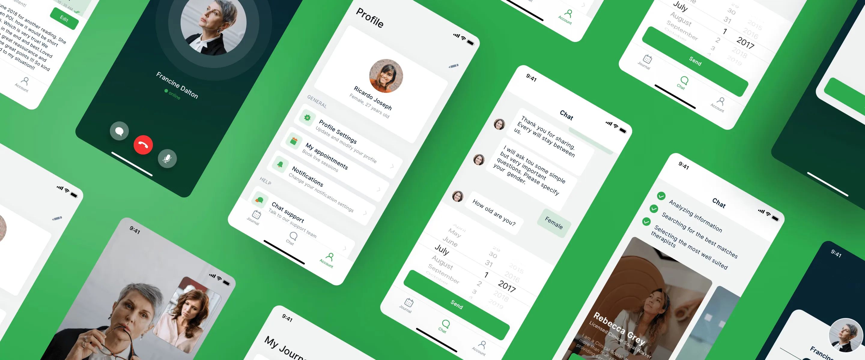 Collage of smartphone screens for a mental health therapy app, showing a video call with a therapist, user profile and appointments, chat-based intake questions, therapist matching results, and journaling features on a bright green background.
