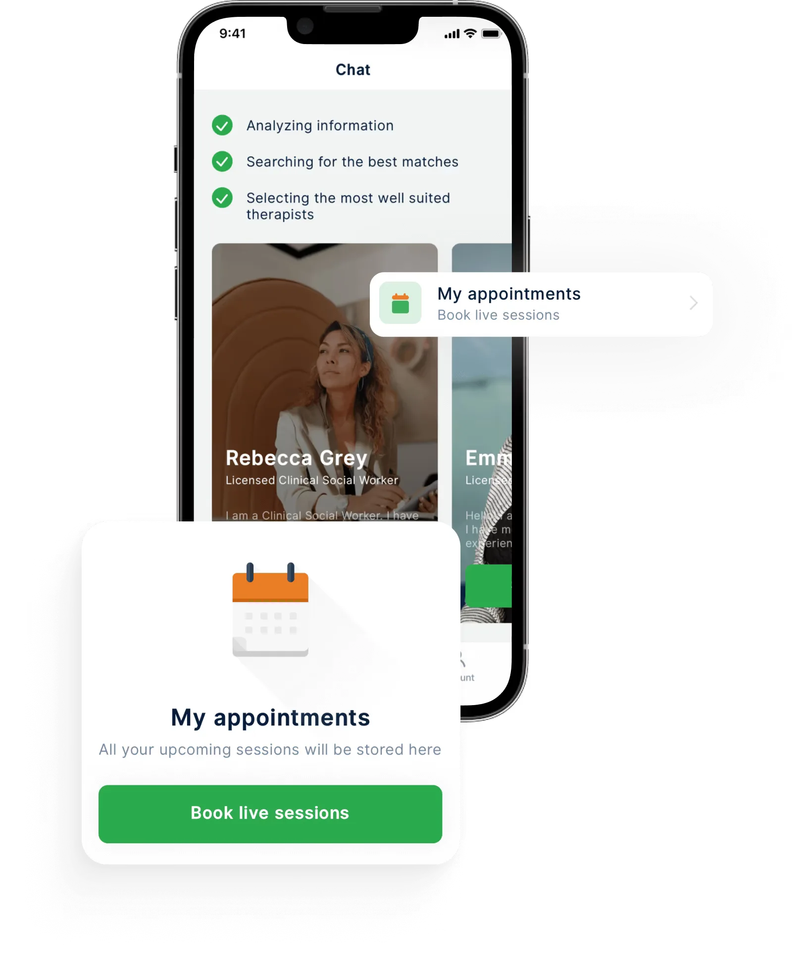 iPhone mockup displaying a mental health therapy app chat screen with completed matching steps, therapist profile cards, a “My appointments” panel, and a prominent “Book live sessions” button.