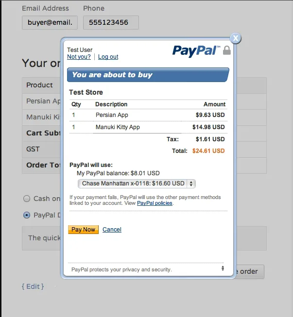 PayPal checkout interface