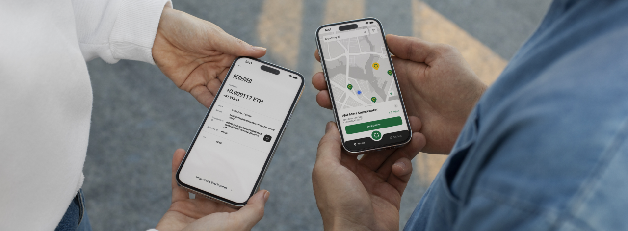 Two people holding smartphones: one phone shows a crypto payment receipt screen with received ETH, and the other shows a store locator map with a Wal-Mart Supercenter and directions button.