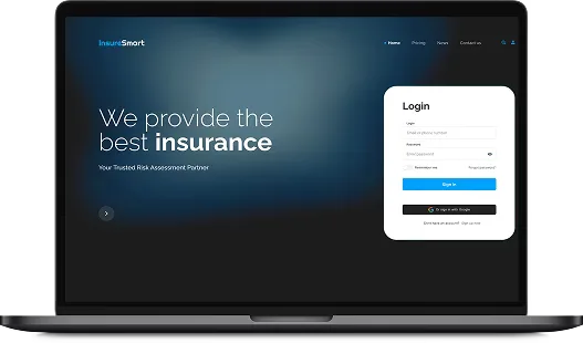 Laptop displaying an insurance website homepage with a headline about insurance services and a login form on the right side of the screen.
