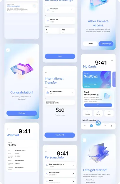Collage of mobile banking app UI screens with a blue gradient theme, showing currency exchange, international transfer, card dashboard (“My Cards”), camera access prompt, personal info form, and success/receipt screens.
