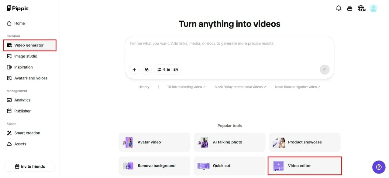 Pippit interface video editor