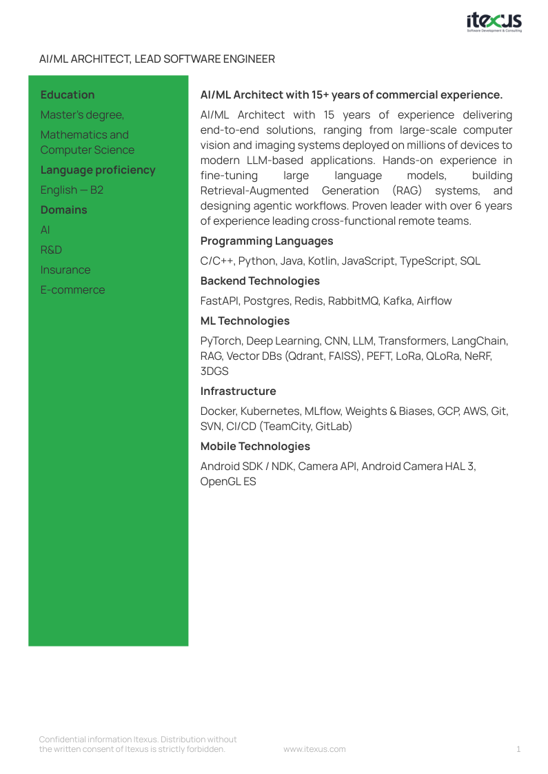 ML architect developer CV