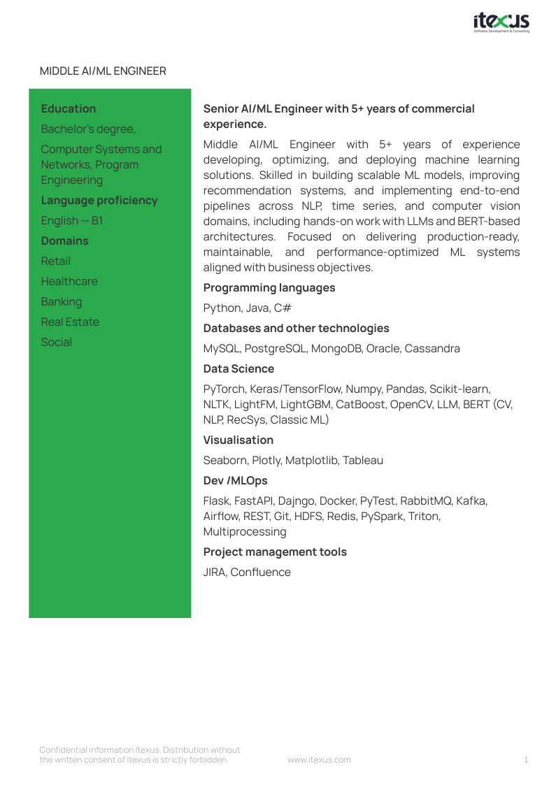 Middle ML developer CV