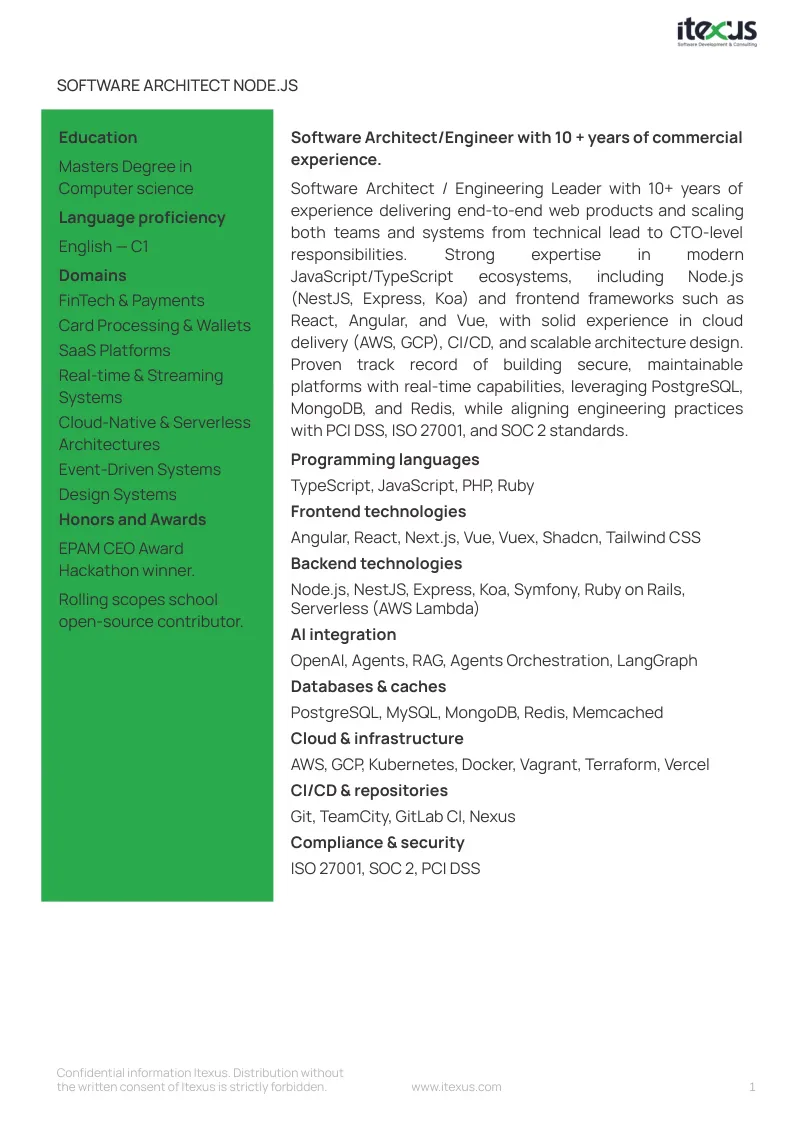 Node.JS architect CV