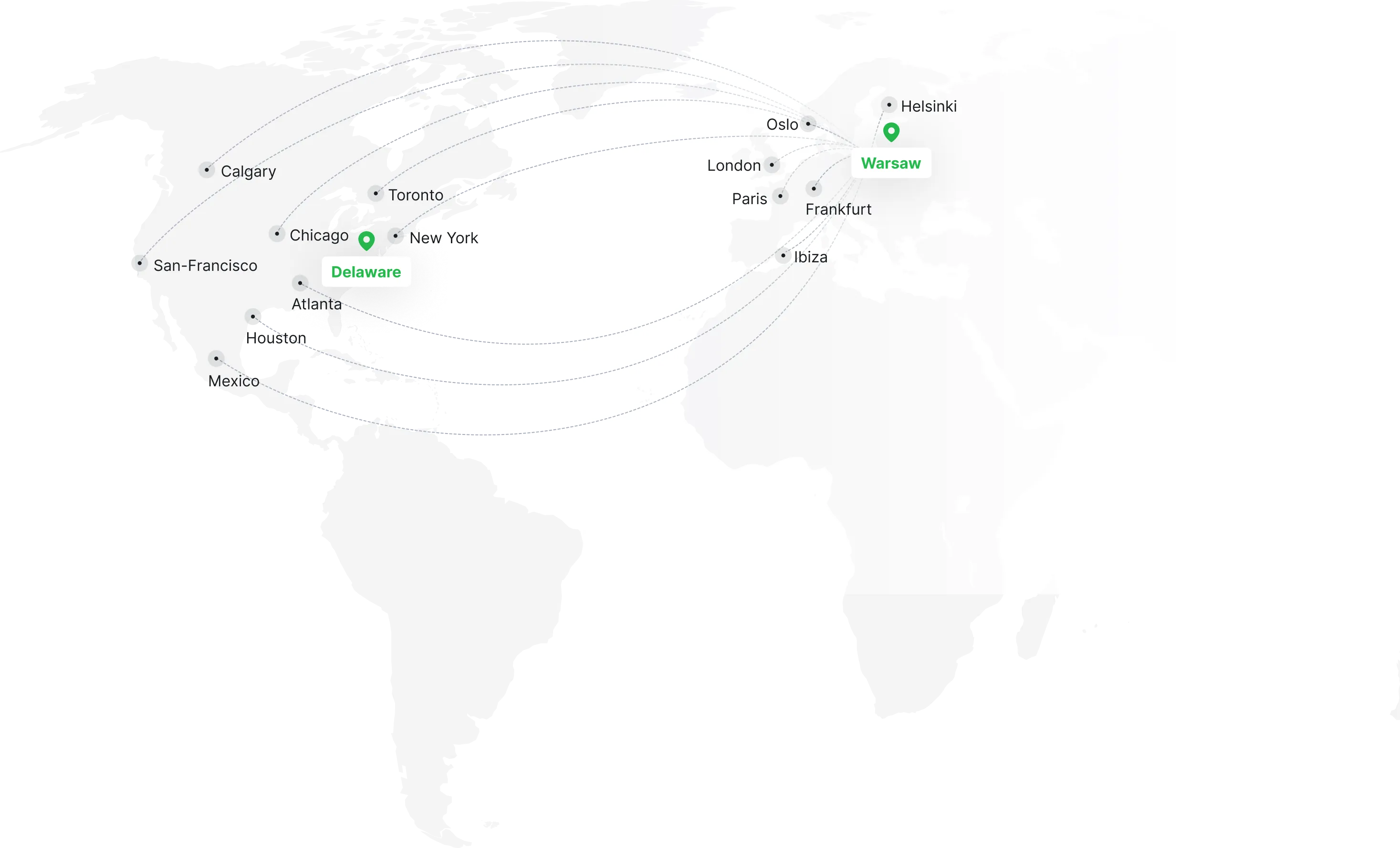 World map showing Itexus office locations and client cities
