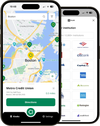 E-wallet user interfaces with map and Plaid verification screen.