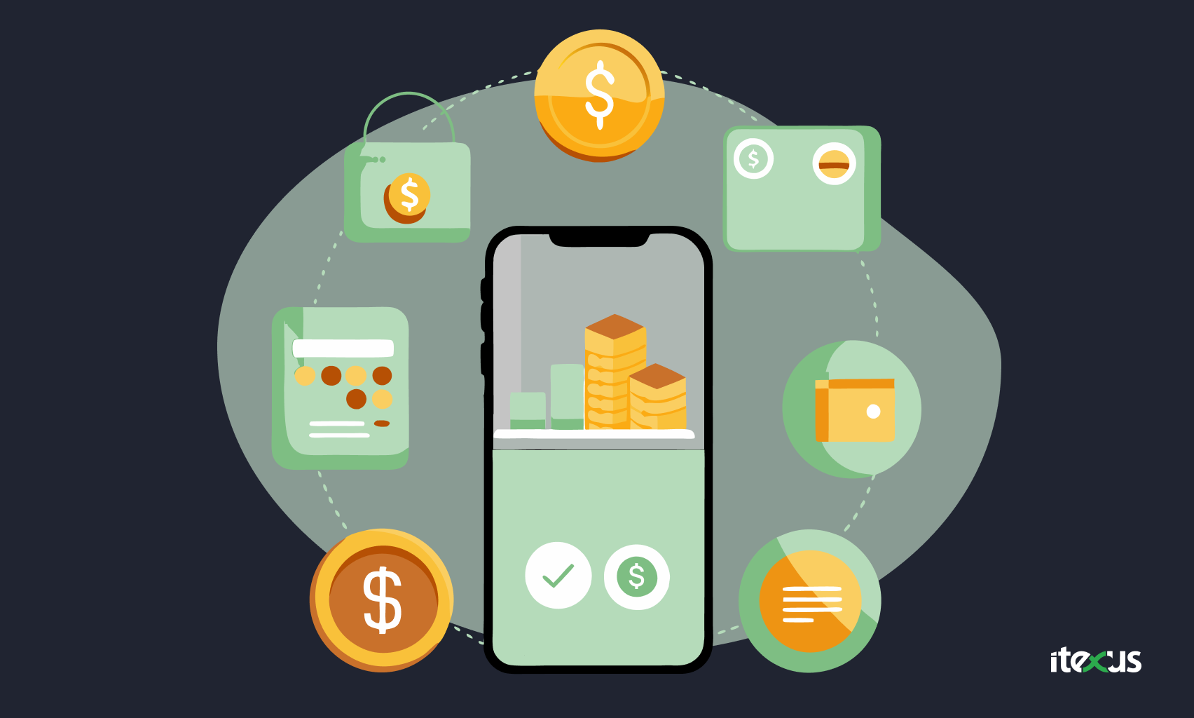 An infographic illustrating various ways consumers can manage cryptocurrency assets through a mobile app.