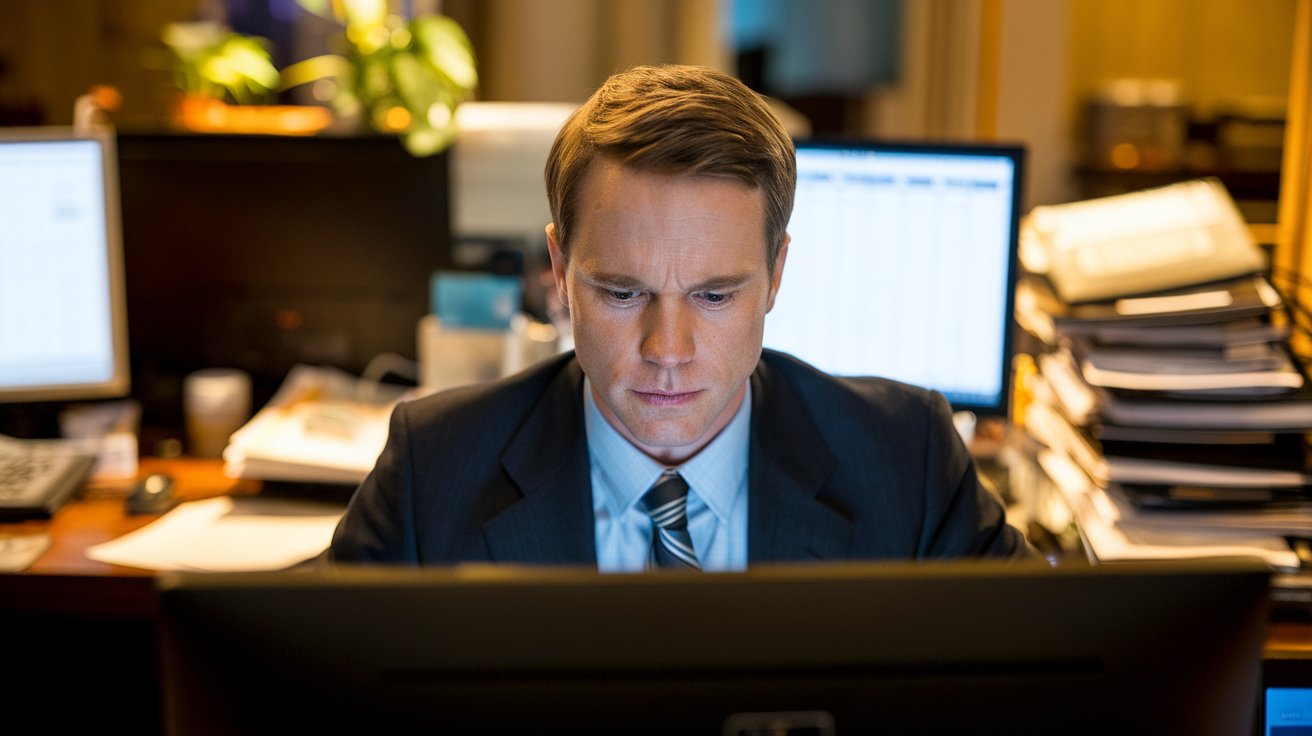 A man working at a desk in an investment banking automation. The man is wearing a suit and tie and has short brown hair. He is intently focused on the computer screen in front of him. The background contains multiple computer screens, a plant, and a few personal items. The lighting is warm.