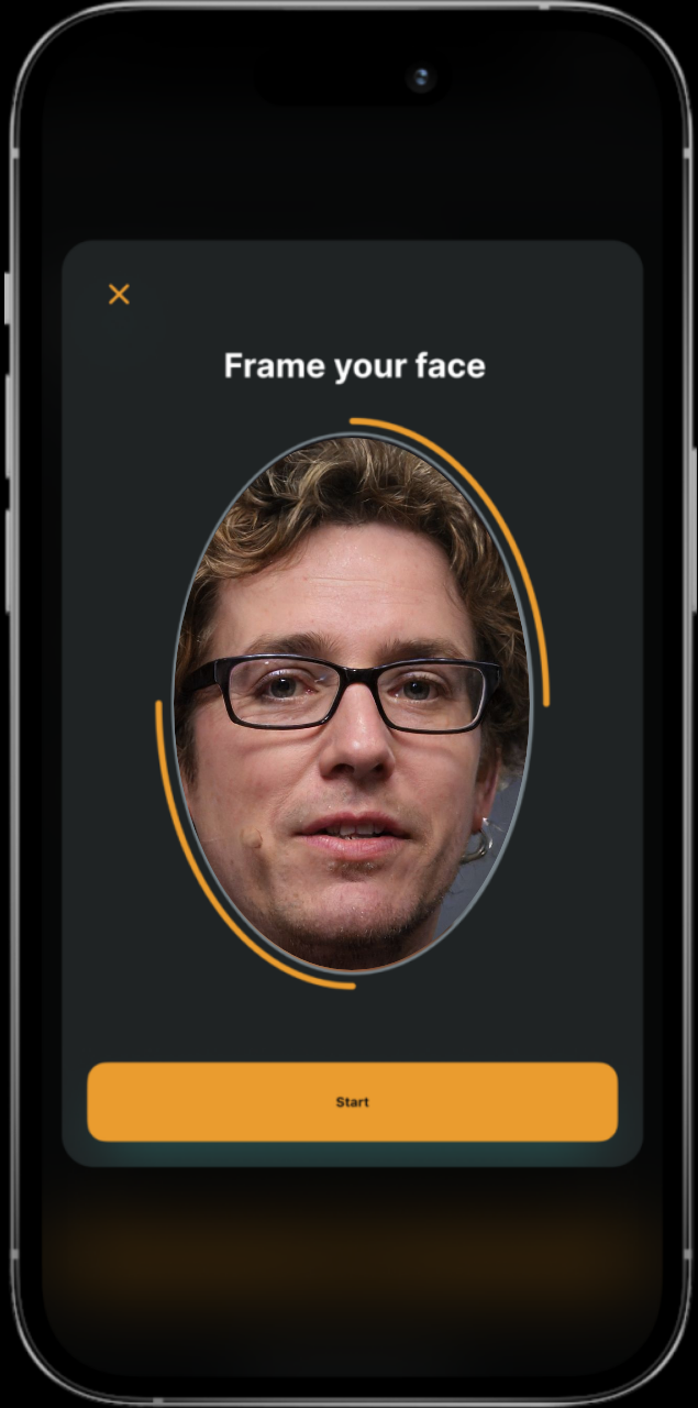 Mobile app interface showcasing face verification technology with a user's face displayed on the screen, illustrating the functionality of biometric authentication.