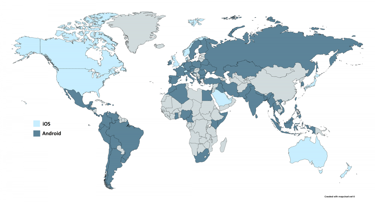 The infographic presents a world map displaying the regions covered by Android and iOS.