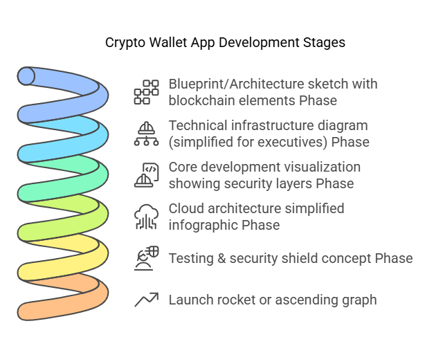 The infographic illustrate a process of crypto wallet app building 