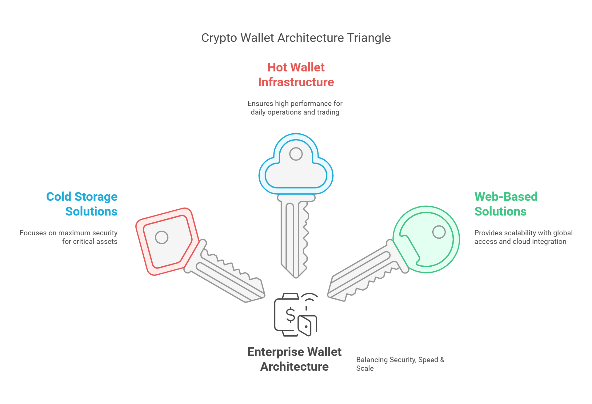 The infographic illustrate  Crypto Wallet Architecture Triangle