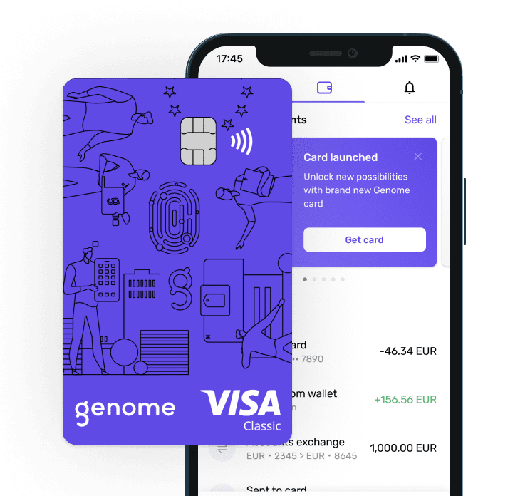 an ewallet app interface and a Visa card.